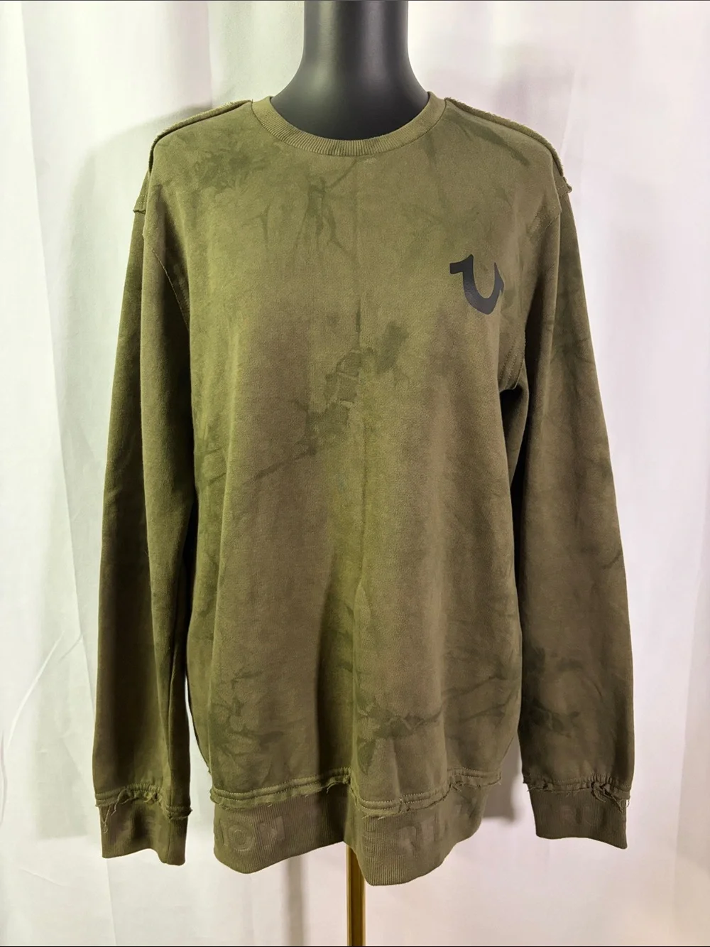 True Religion Camo Green Tie Die Debossed Rib Pullover Crewneck Sweatshirt